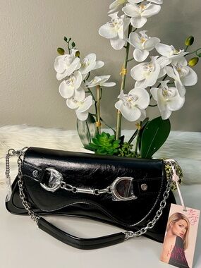 Paris Hilton Black Patent Shoulder Bag with Silver Chain Hardware